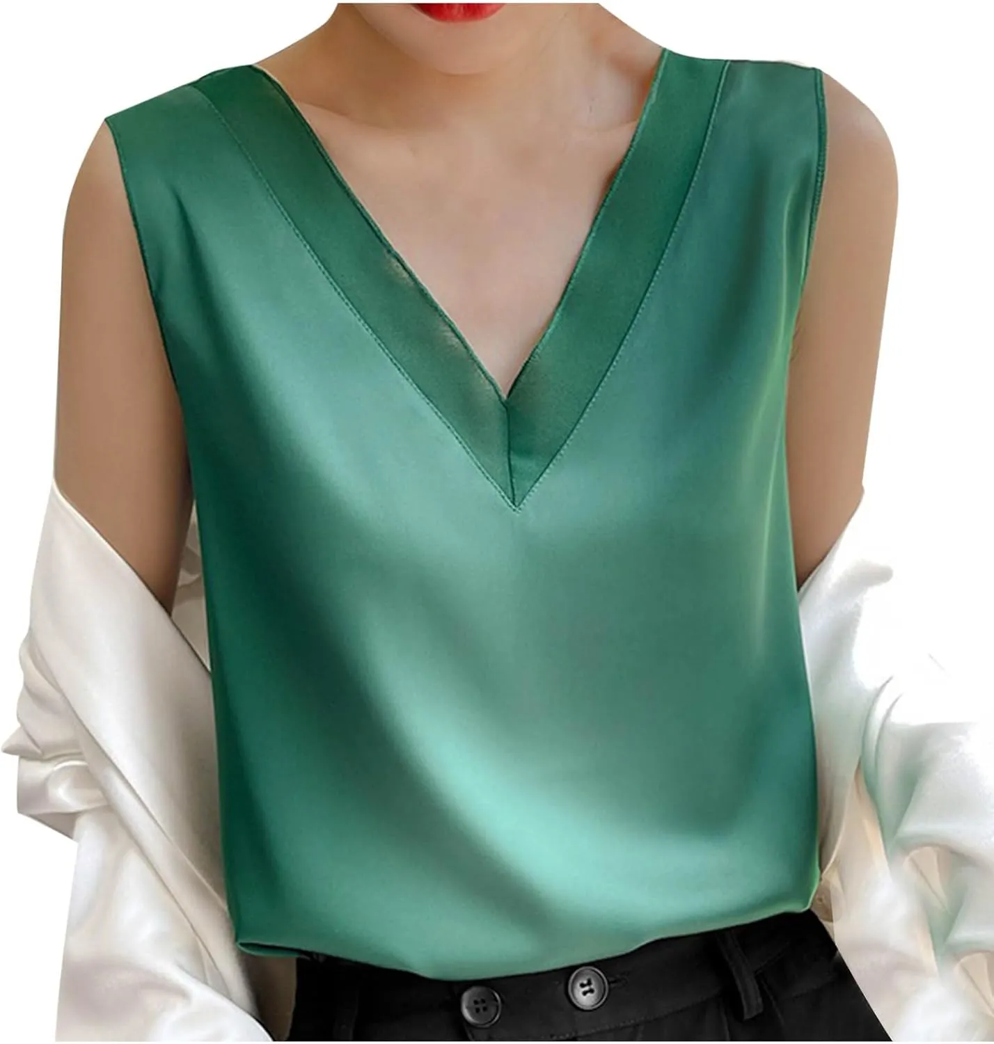 Womens Tank Tops V Neck Casual Silk Satin Cami Top Sleeveless Camisole Dressy Casual Blouses Summer Basic Tanks