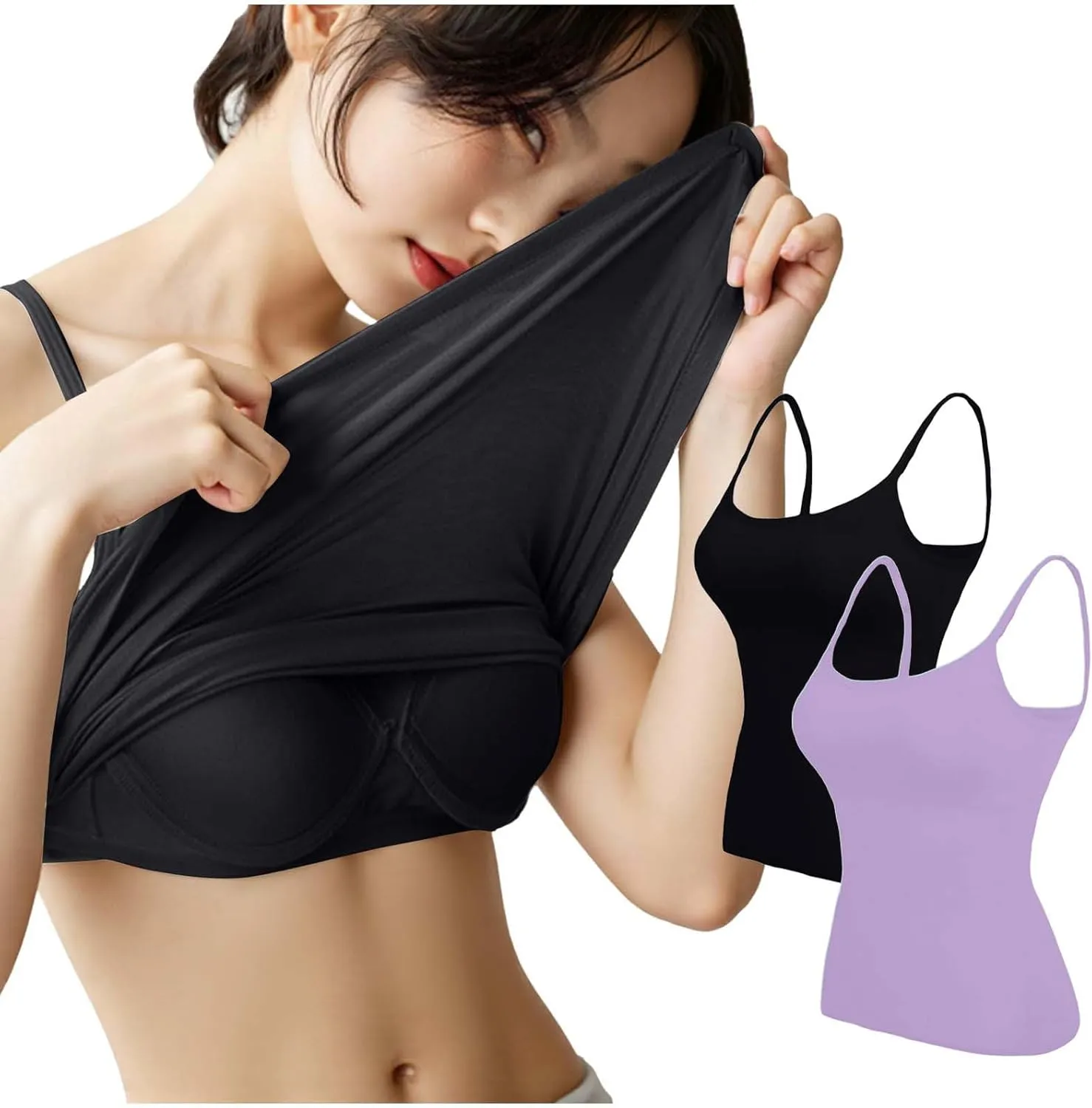 Womens Tank Tops With Built In Bras,Classic Casual Loose Fit Shelf Bra Tank Tops Plus Size Camisole Tank Tops 2 Pack