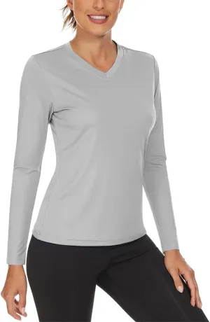 Women's V Neck Hiking Shirts Lightweight Long Sleeve Quick Dry T-Shirts Outdoor Pullovers