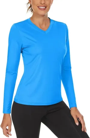 Women's V Neck Hiking Shirts Lightweight Long Sleeve Quick Dry T-Shirts Outdoor Pullovers