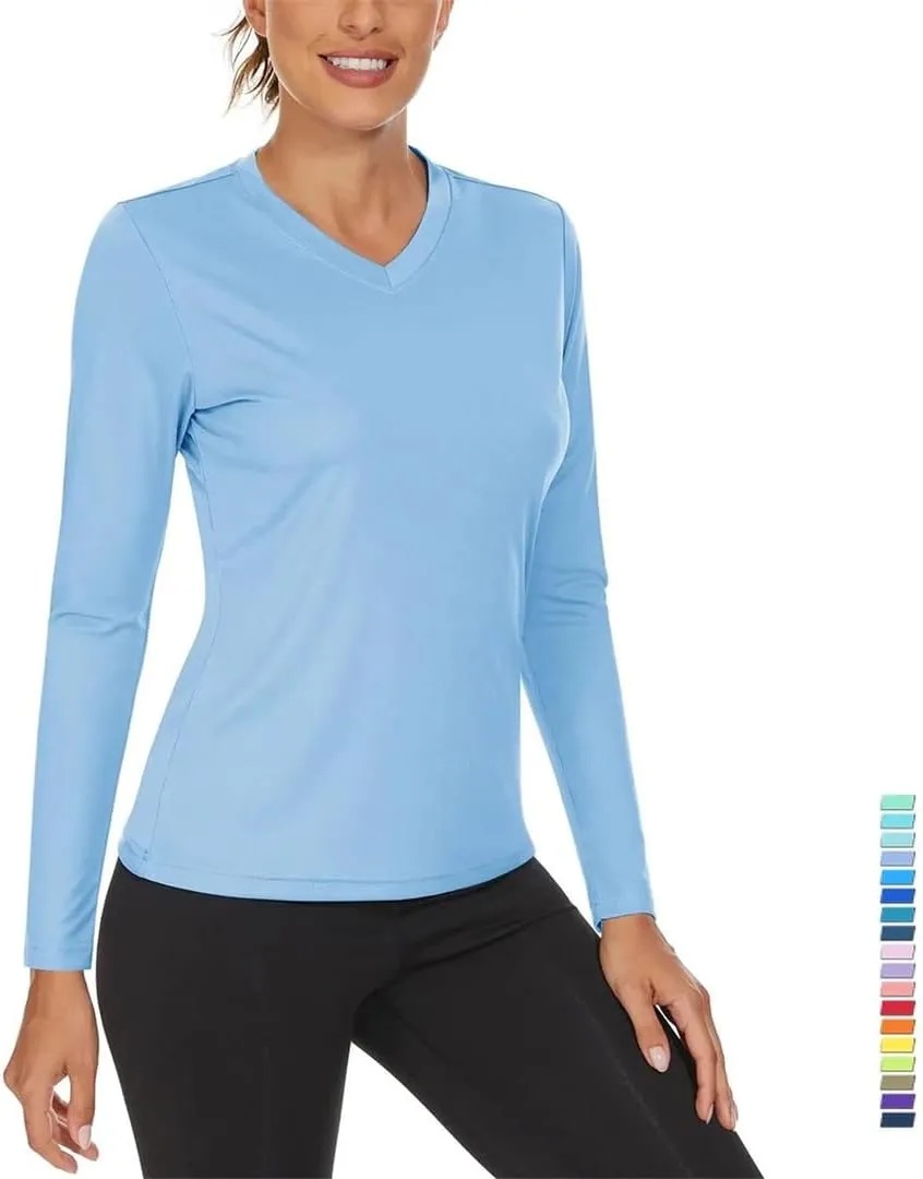 Women's V Neck Hiking Shirts Lightweight Long Sleeve Quick Dry T-Shirts Outdoor Pullovers