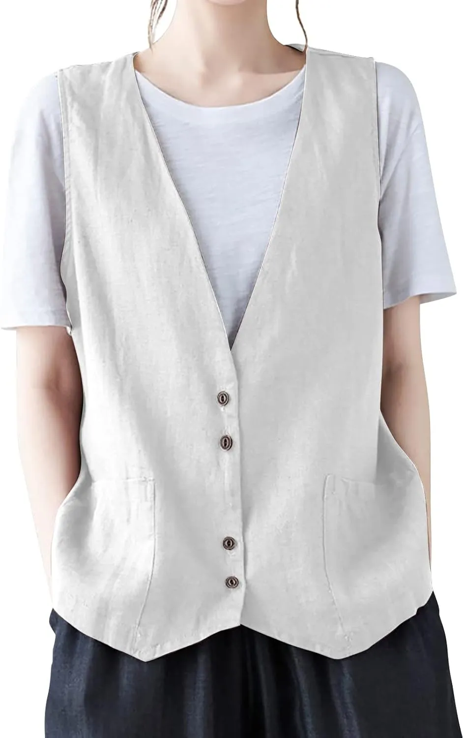 Womens Vest 2023 Summer Cotton Linen Vest Top Vintage Casual Sleeveless Button Down Jacket Loose Vests Outerwear
