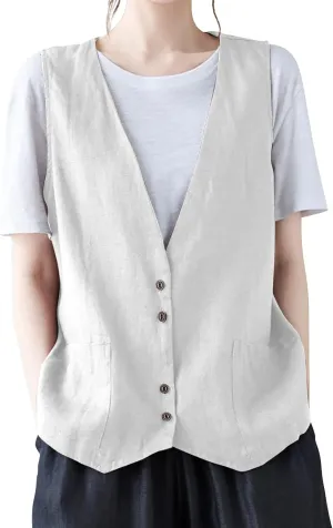 Womens Vest 2023 Summer Cotton Linen Vest Top Vintage Casual Sleeveless Button Down Jacket Loose Vests Outerwear
