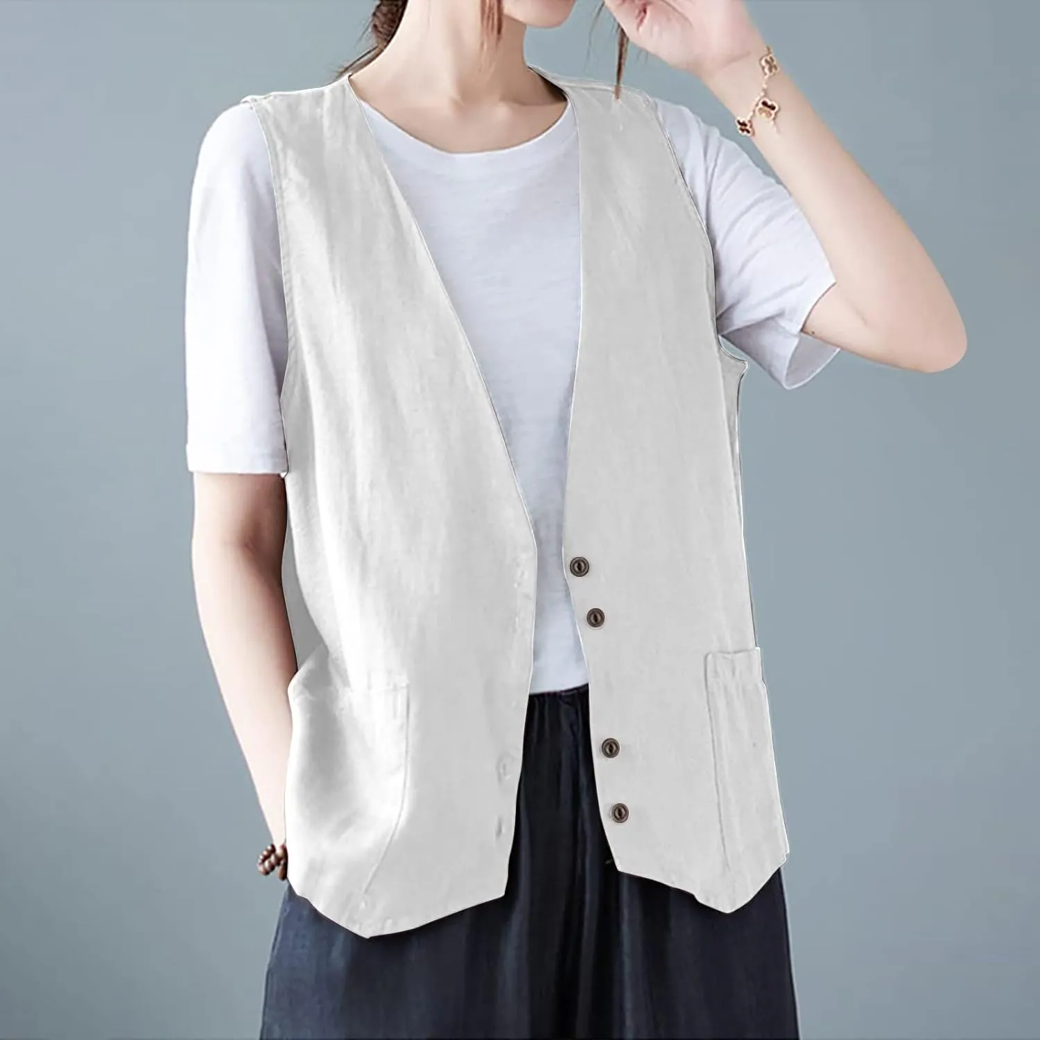 Womens Vest 2023 Summer Cotton Linen Vest Top Vintage Casual Sleeveless Button Down Jacket Loose Vests Outerwear