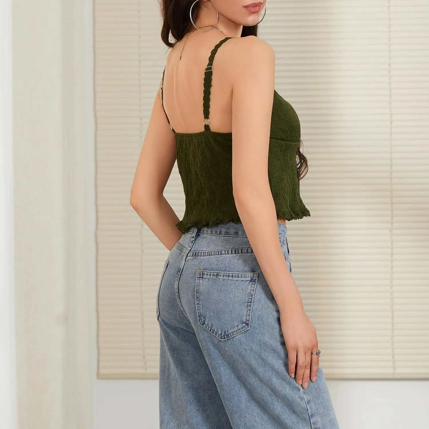 Womens Y2k Lace Trim Tank Top Boho Tie Front Camisole Sleeveless Slim Fitted Cami Going Out Shirts