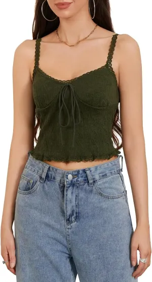 Womens Y2k Lace Trim Tank Top Boho Tie Front Camisole Sleeveless Slim Fitted Cami Going Out Shirts