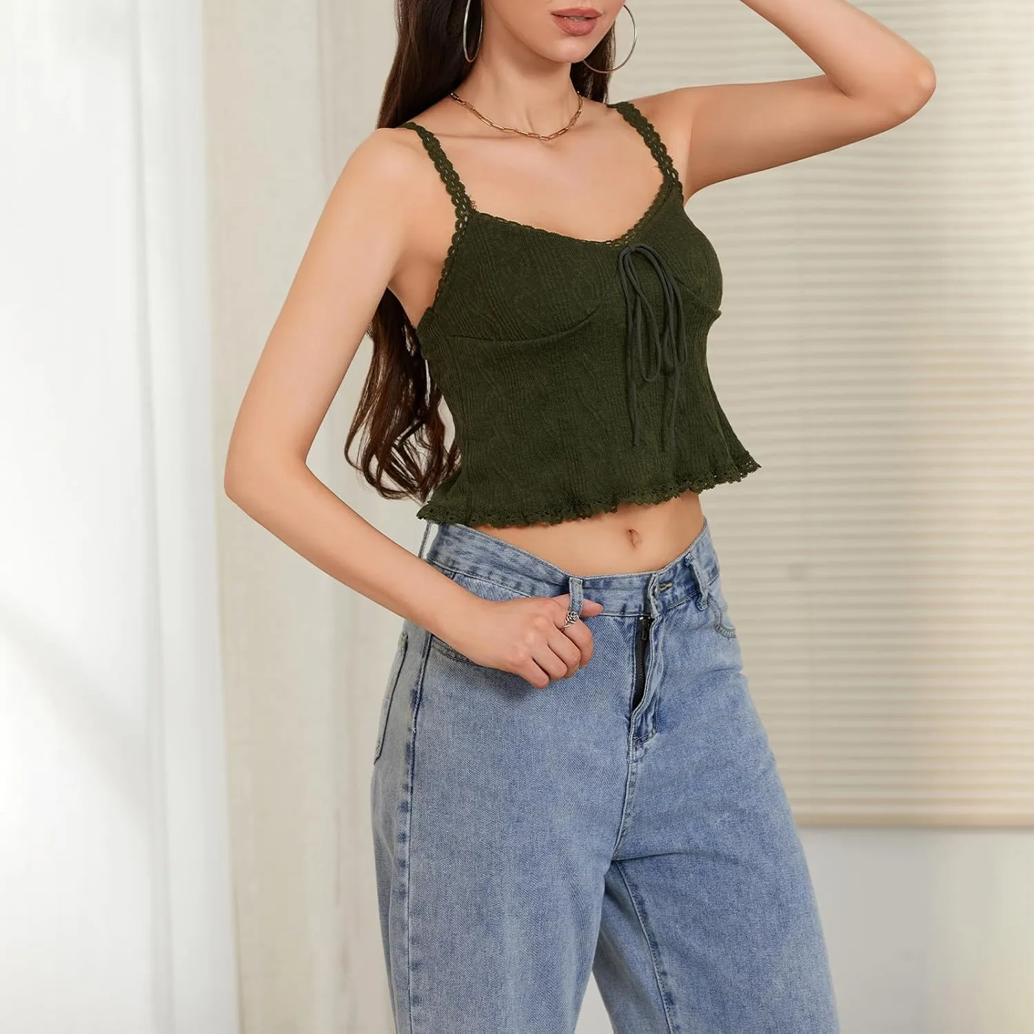 Womens Y2k Lace Trim Tank Top Boho Tie Front Camisole Sleeveless Slim Fitted Cami Going Out Shirts