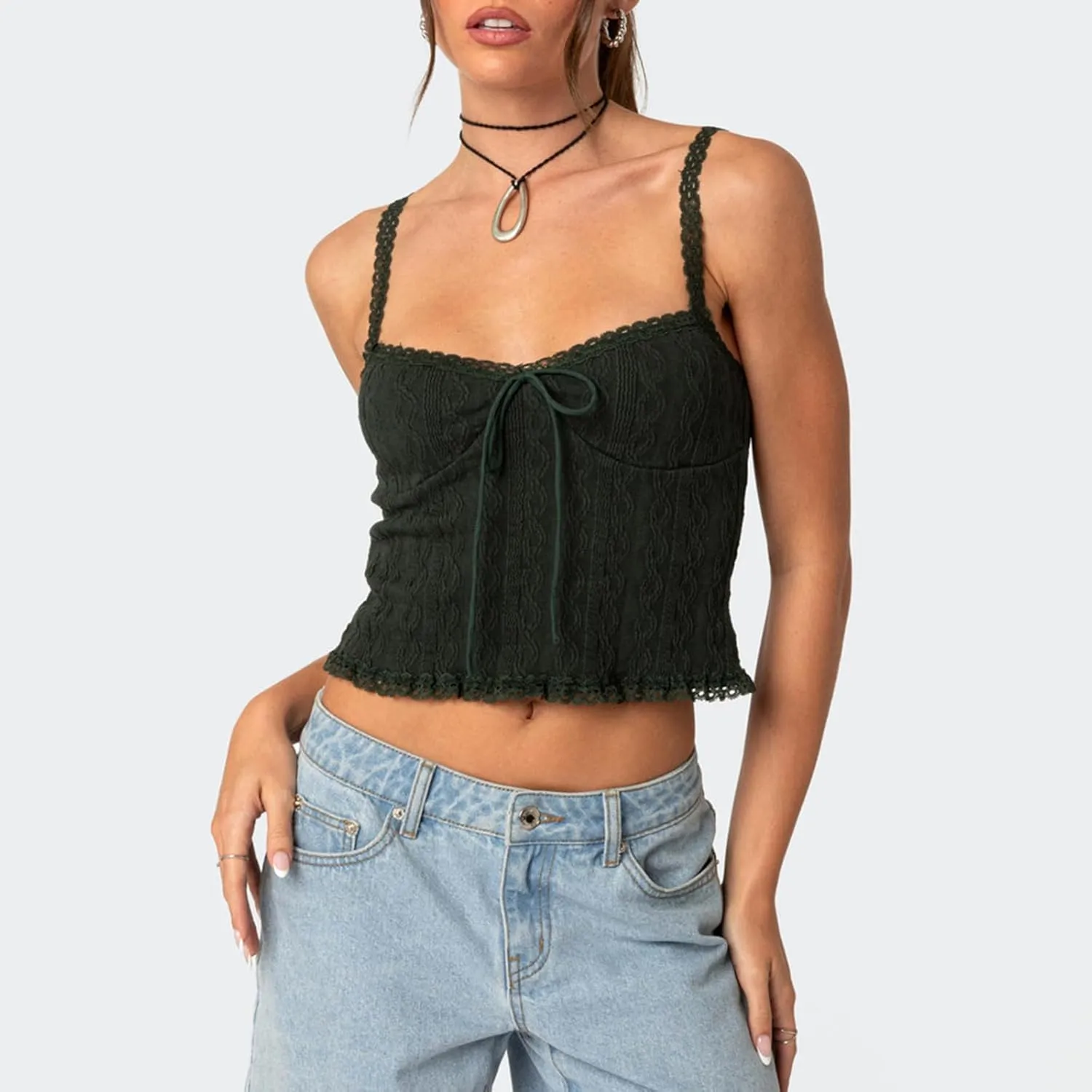 Womens Y2k Lace Trim Tank Top Boho Tie Front Camisole Sleeveless Slim Fitted Cami Going Out Shirts