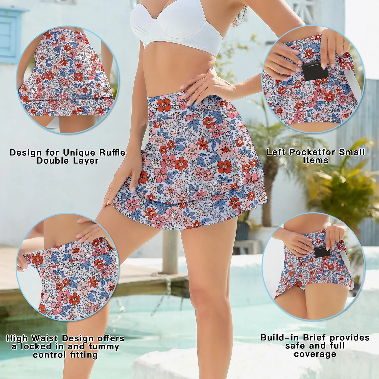 WOWENY Women's Swim Skirts Swimsuit High Waist Swimming Skorts with Shorts Bikini Bottoms with Pocket Bathing Suit Bottoms