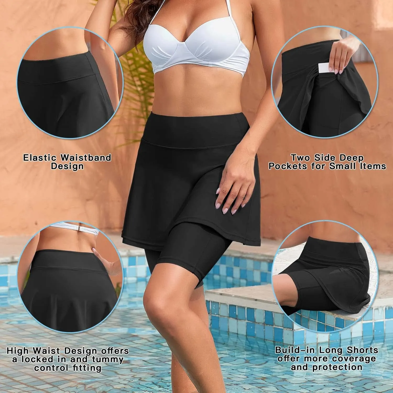 WOWENY Women's Swim Skirts Swimsuit High Waist Swimming Skorts with Shorts Bikini Bottoms with Pocket Bathing Suit Bottoms