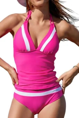 ZAFUL Tankini Swimsuits for Women Tummy Control Halter Neck Mid Waist Ruched Color Block Two Piece Bathing Suits Swimwear