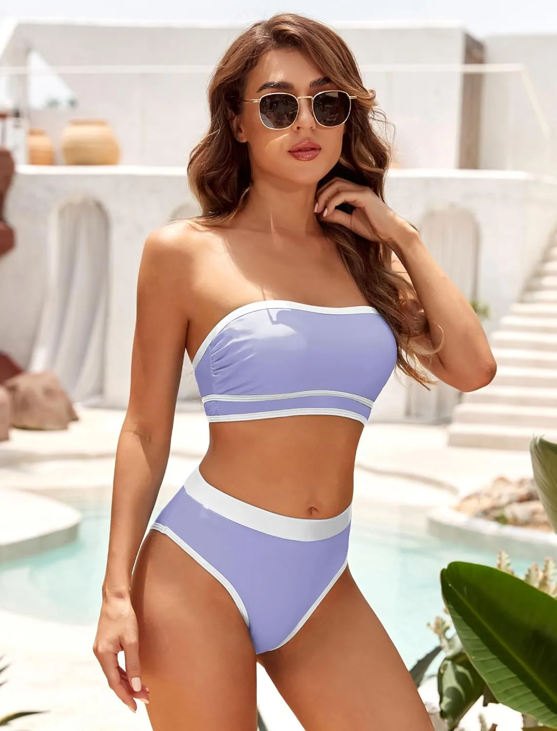 ZAFUL Women Strapless Color Block Bandeau Bikini High Waisted 2 Piece Swimwear Lace up Bathing Suits