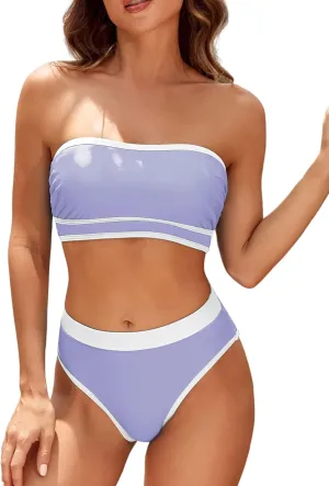 ZAFUL Women Strapless Color Block Bandeau Bikini High Waisted 2 Piece Swimwear Lace up Bathing Suits