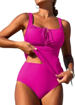 ZAFUL Women's Tankini Swimsuits Tummy Control High Waisted Bikini Sets Lace Up Front Bathing Suits with Bikini Bottoms