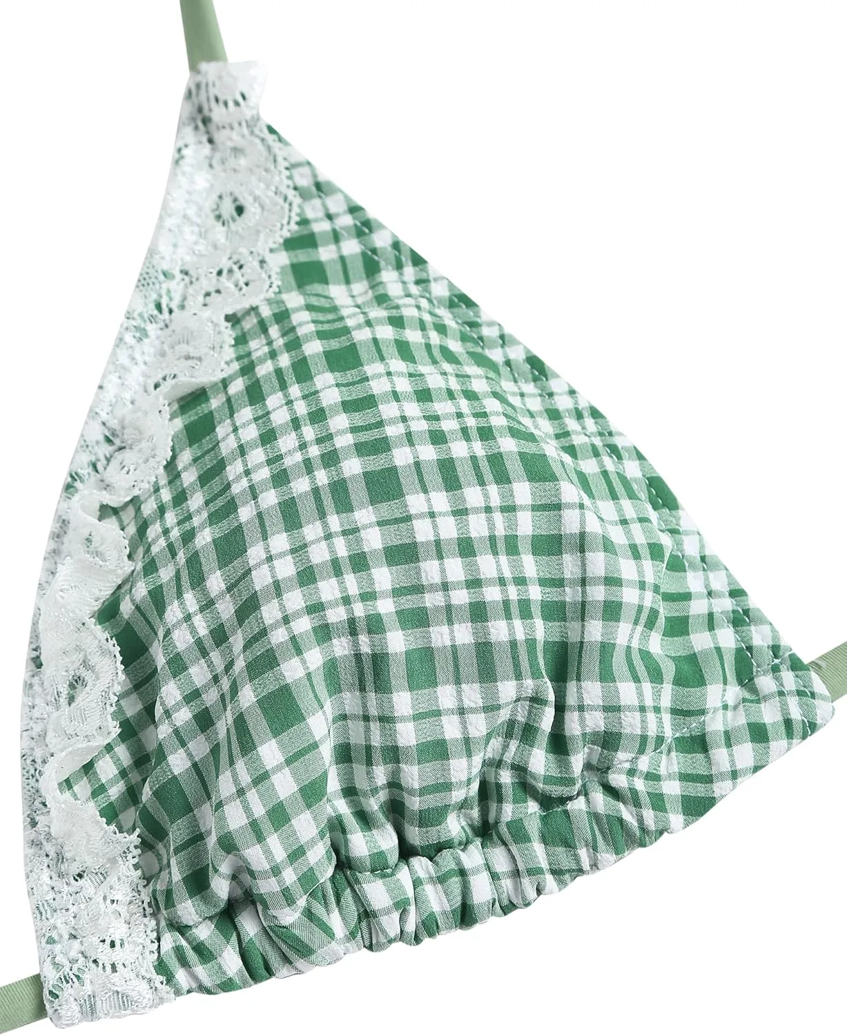 ZAFUL Women's Triangle Bikini Lace Frilled Ruffles Gingham Print Tie Side Spaghetti Strap 2 Pieces Bikini Swimsuit