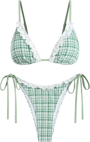 ZAFUL Women's Triangle Bikini Lace Frilled Ruffles Gingham Print Tie Side Spaghetti Strap 2 Pieces Bikini Swimsuit