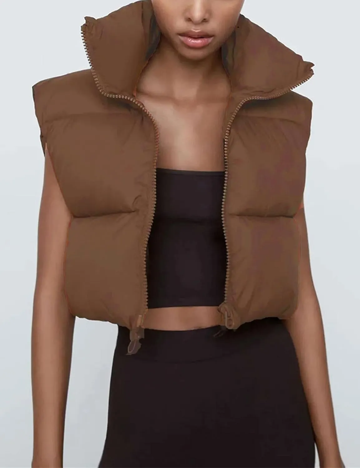 Zontroldy Womens Cropped Puffer Vest Padded Down Stand Collar Zip Lightweight Sleeveless Outwear Gilet Jacket Waistcoat