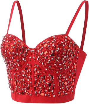 ZYXTIM Women's Rhinestone Diamond Push up Bustier Sexy Sequins Crop Top Fashion Punk Corset Bra Adjustable Strap