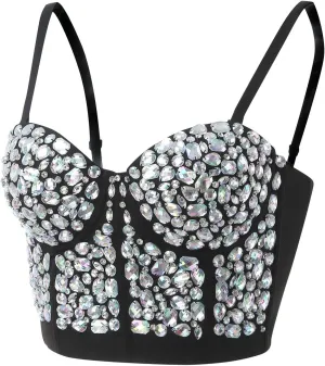 ZYXTIM Women's Rhinestone Diamond Push up Bustier Sexy Sequins Crop Top Fashion Punk Corset Bra Adjustable Strap